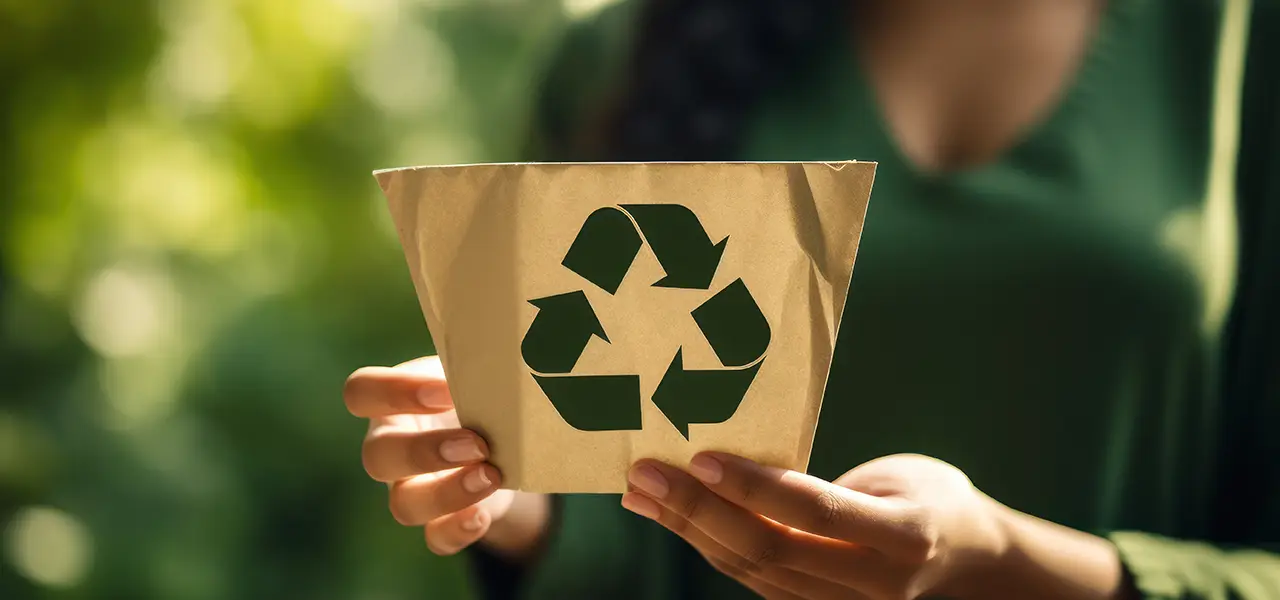 Hände halten ein Papier mit Recycling-Symbol