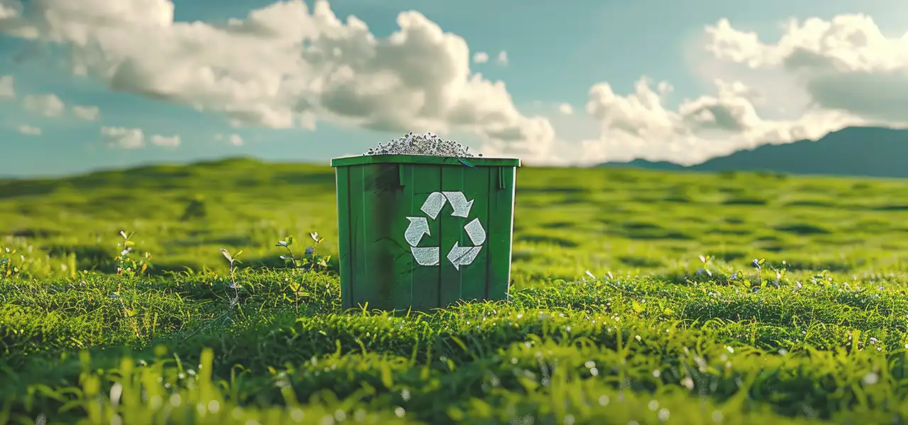 Grüner Recyclingcontainer auf grüner Wiese vor blauem Himmel mit Wölkchen