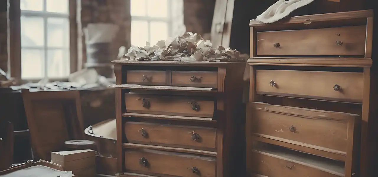 Kommoden, Regale und Schränke voller alter Gegenstände auf einem Dachboden